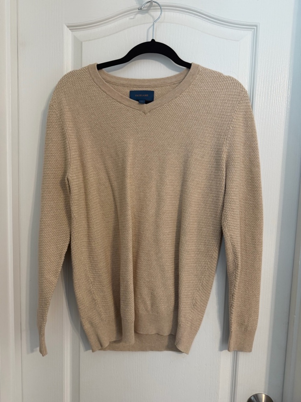 Fairlane Men’s Tan V-Neck Textured Cotton and Cashmere Sweater Sz M